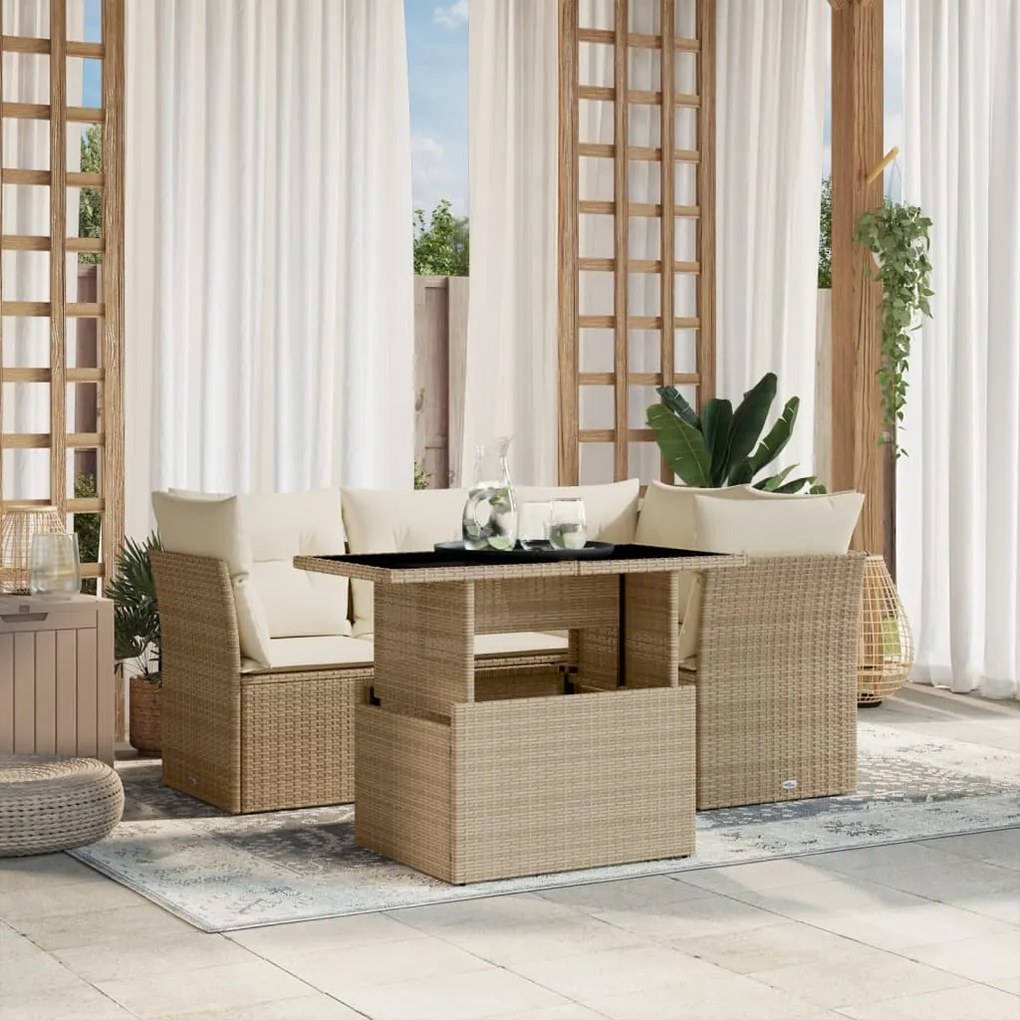 5 pcs conjunto de sofás p/ jardim com almofadões vime PE bege