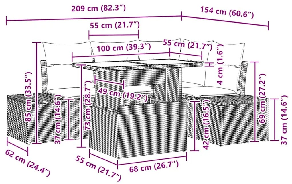 Conjunto de sofá de jardim com 5 peças e almofadas bege em rattan sint