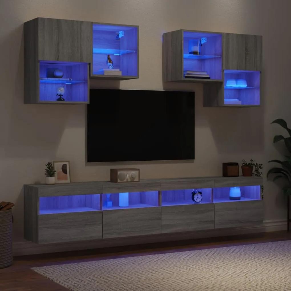 6 pcs conj. móveis de parede p/ TV c/ luzes LED cinzento sonoma