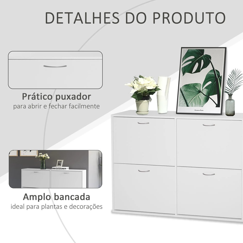 HOMCOM Móvel Sapateira Branca Sapateira Moderna com 4 Gavetas Abatíveis e Prateleiras Ajustáveis para 16-24 Pares de Sapatos para Corredor Entrada 120x24x81 cm Branco