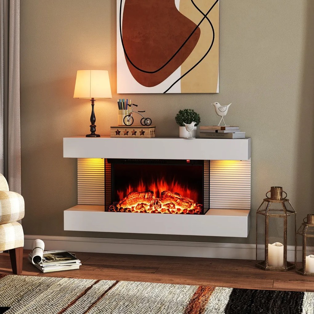 Lareira elétrica de parede 82 x 20,6 x 41,8 cm de 32″ com prateleira flutuante, luzes LED com 12 cores de chama e proteção contra sobreaquecimento, co