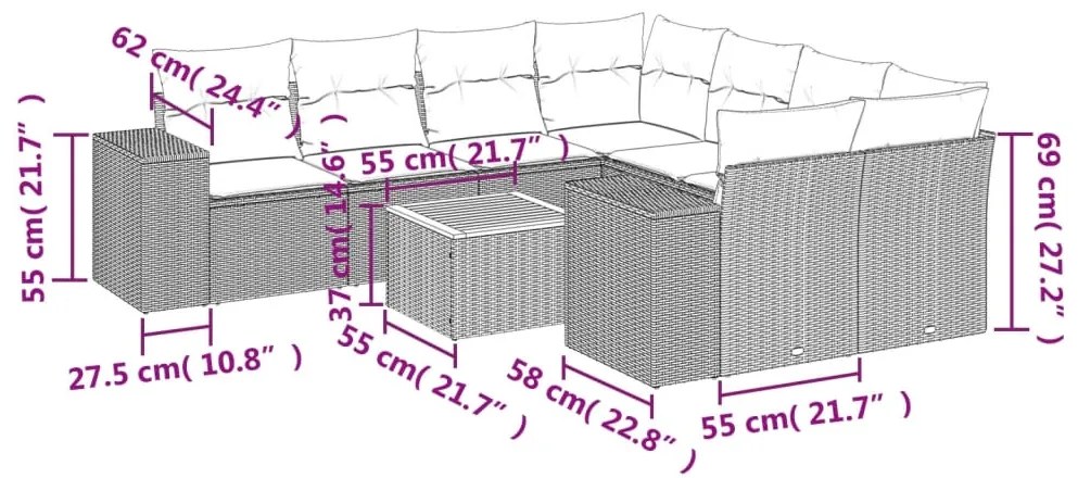 9 pcs conjunto de sofás p/ jardim com almofadões vime PE bege