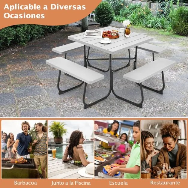 Conjunto de moveis jardim Mesa redonda e 4 bancos para 8 pessoas Carga 225 kg para jardim terraço campismo Cinzento