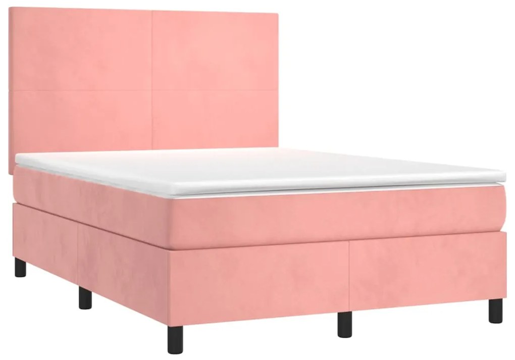 Cama box spring c/ colchão/LED 140x200 cm veludo rosa