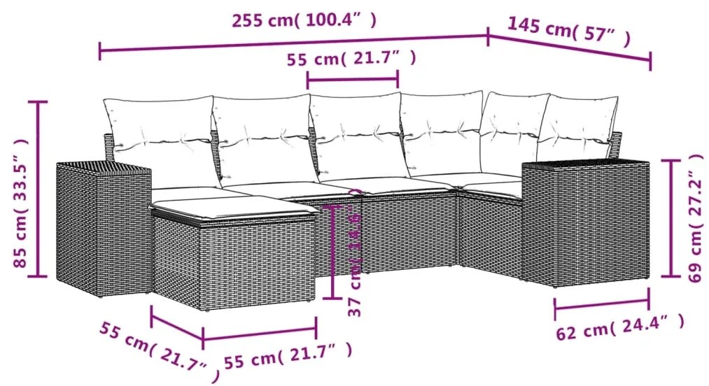 6 pcs conjunto de sofás jardim c/ almofadões vime PE castanho