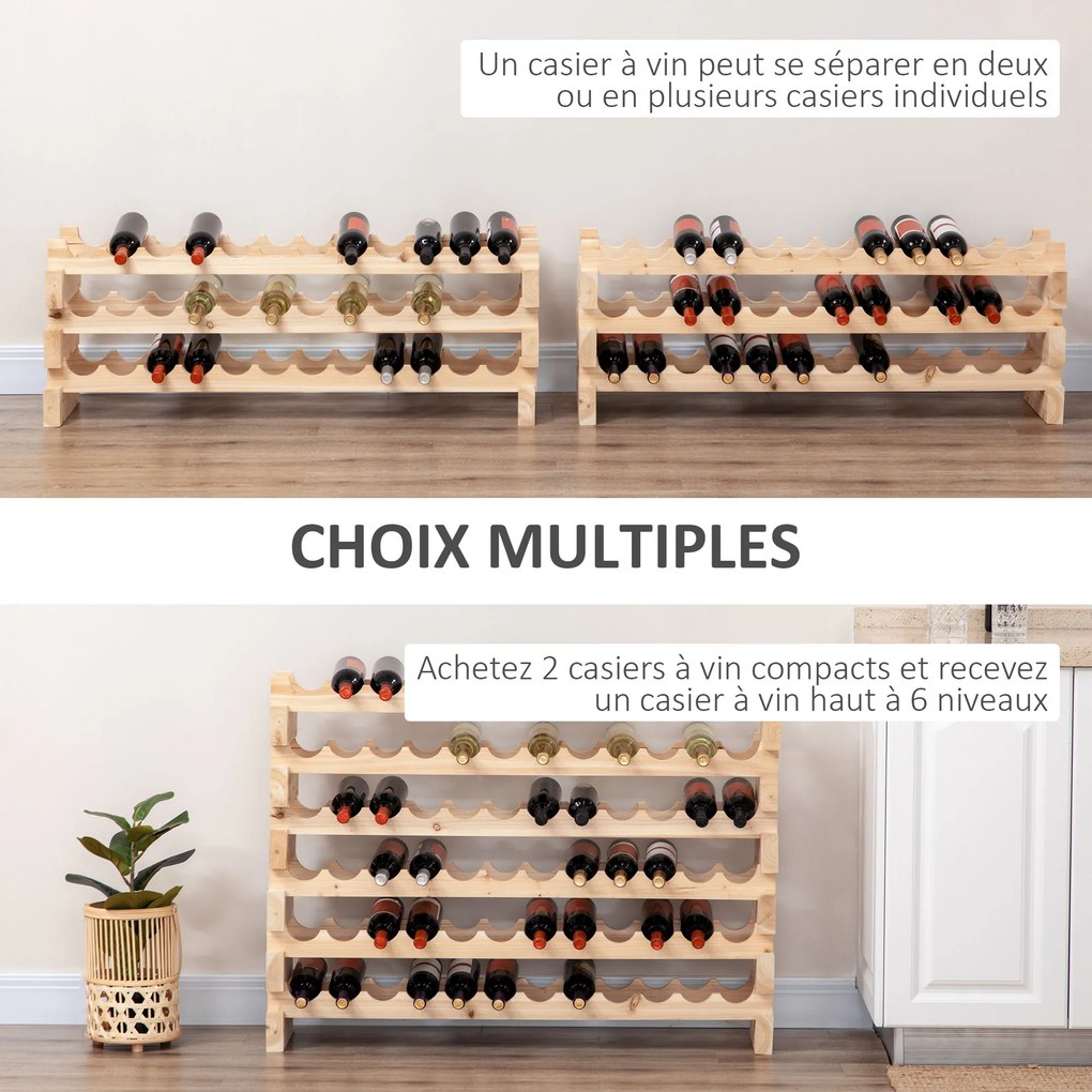 Garrafeira para 36 garrafas, prateleira para vinhos com 3 níveis ajustáveis, 114 × 28 × 42,5 cm, madeira natural