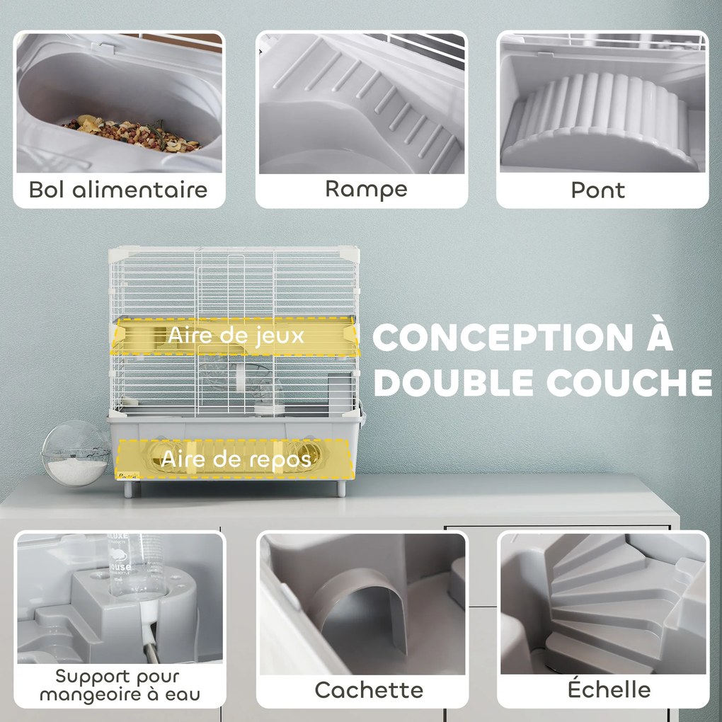 Gaiola para hamster de 2 andares com roda de corrida e banheira de areia para hamster anão 44,5 x 28 x 44 cm cinzenta