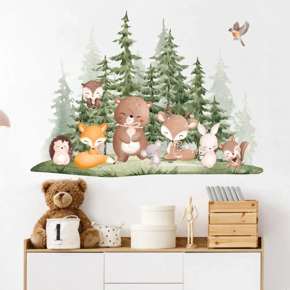 Autocolante de parede para quarto de criança - Animais da floresta com árvores