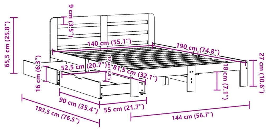 Cama sem colchão 140x190 cm madeira de pinho maciça