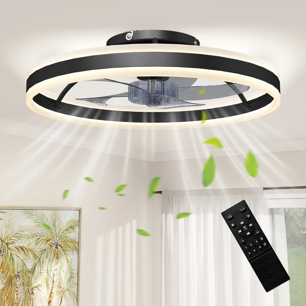 Ventoinha de Teto com Luz LED 6 Velocidades Motor Reversível e Comando Remoto Potência 45 W Ø50x13,5 cm Preto