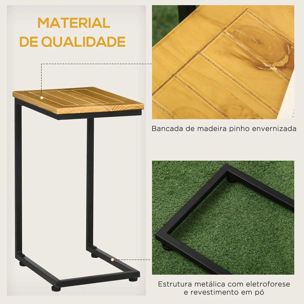 Conjunto de 2 Mesas Auxiliares de Jardim em Forma de C com Estrutura de Metal e Bancada de Madeira 40x30x60 cm e 35x24,5x52 cm Madeira e Preto