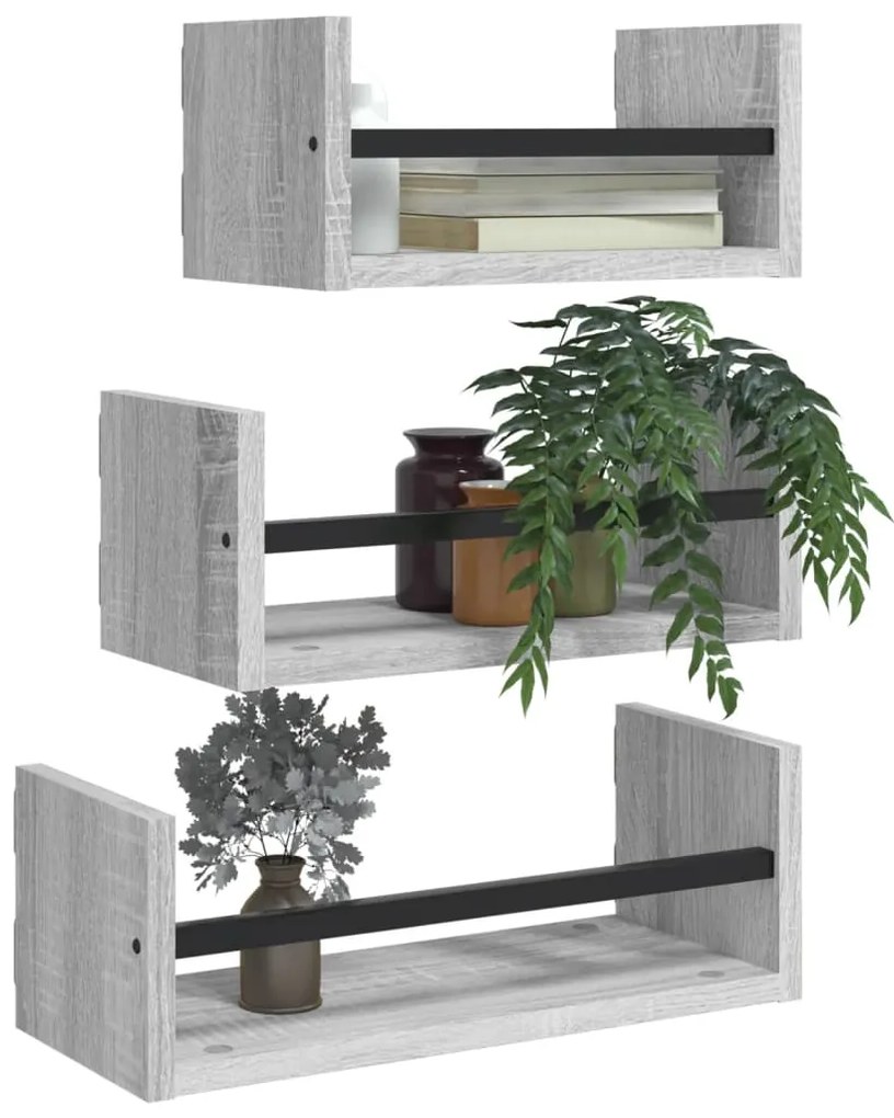 3pcs prateleiras parede c/ barras deriv. madeira cinza sonoma