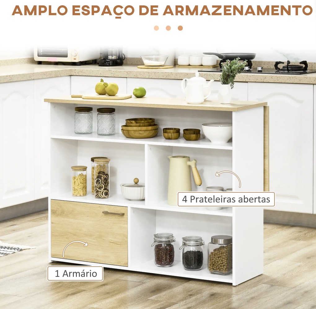 Mesa Alta Extensível com Lateral Dobrável Mesa de Bar com Compartimentos de Armazenamento e 1 Armário 116x79,5x91 cm Branco