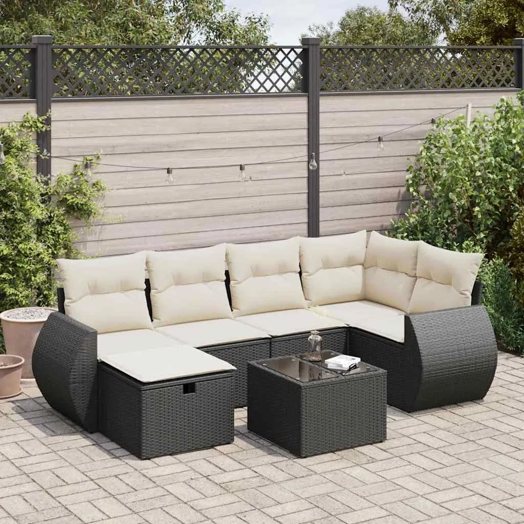 vidaXL 7 pcs conjunto de sofás p/ jardim c/ almofadões vime PE preto