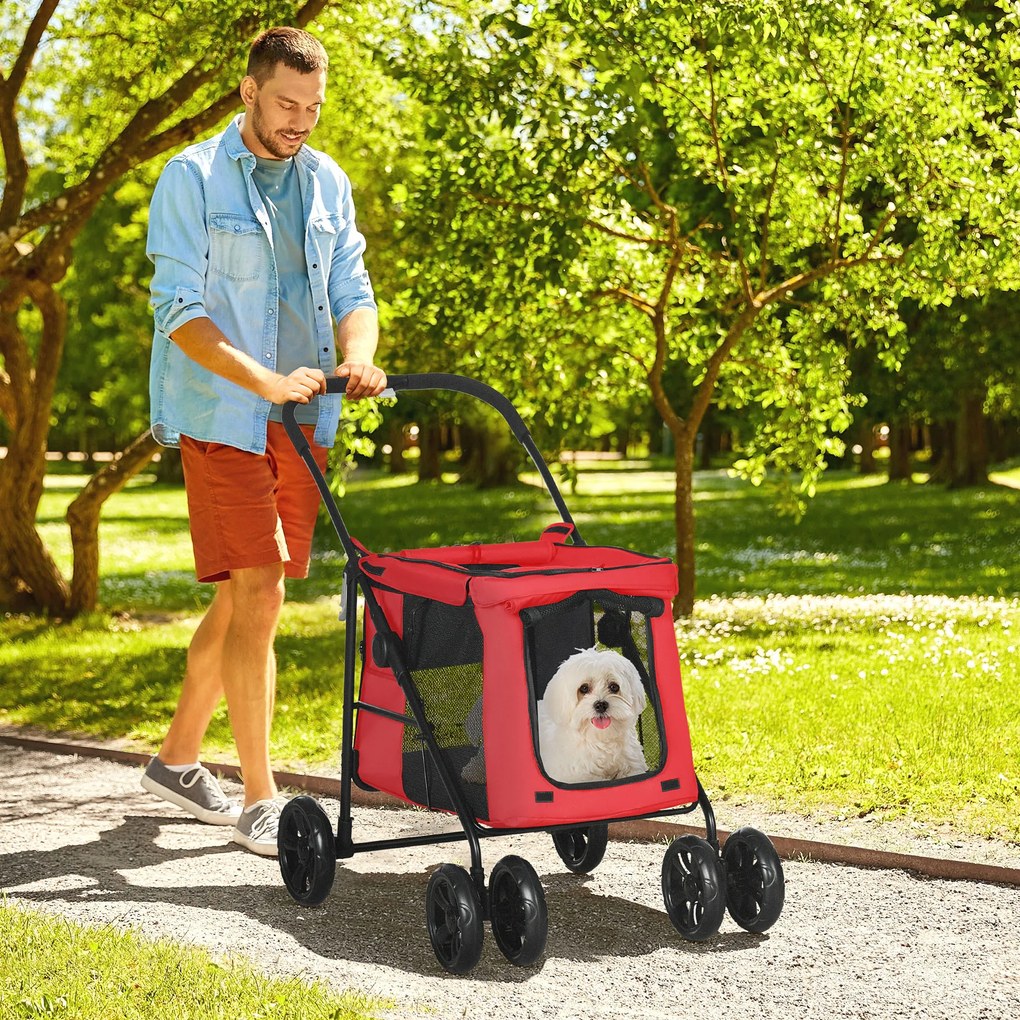 Carrinho de bebé dobrável 102 x 62 x 105 cm com motivos de animais (cão e gato), almofada incluída, rodas com travão, tecido Oxford 600D, vermelho