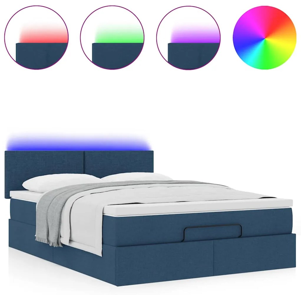 Estrutura de cama otomana com colchão tecido azul 140x200cm