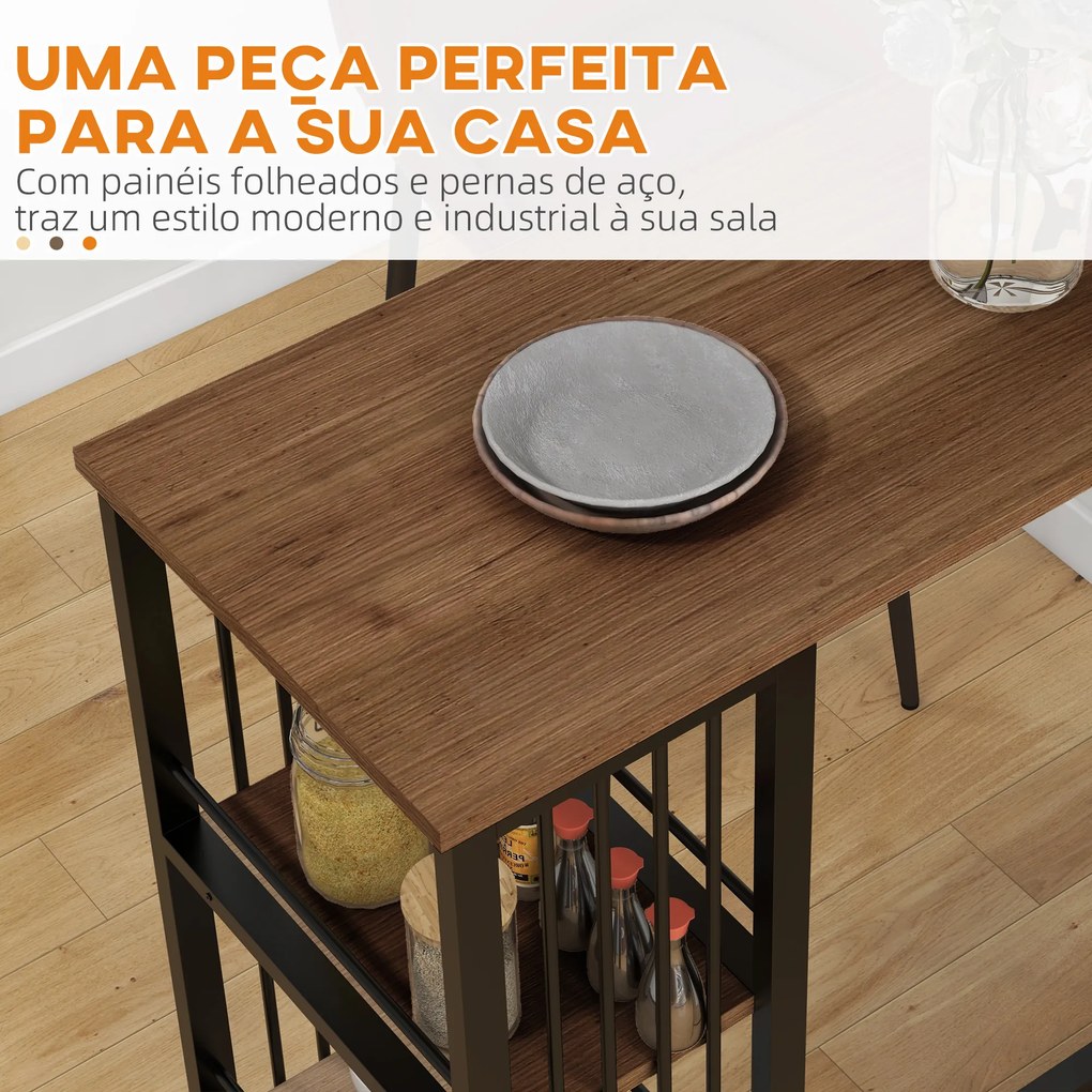 Mesa Alta de Cozinha com 3 Prateleiras Mesa de Bar Retangular para 2 Pessoas Pés de Aço 120x40x105 cm Castanho e Preto