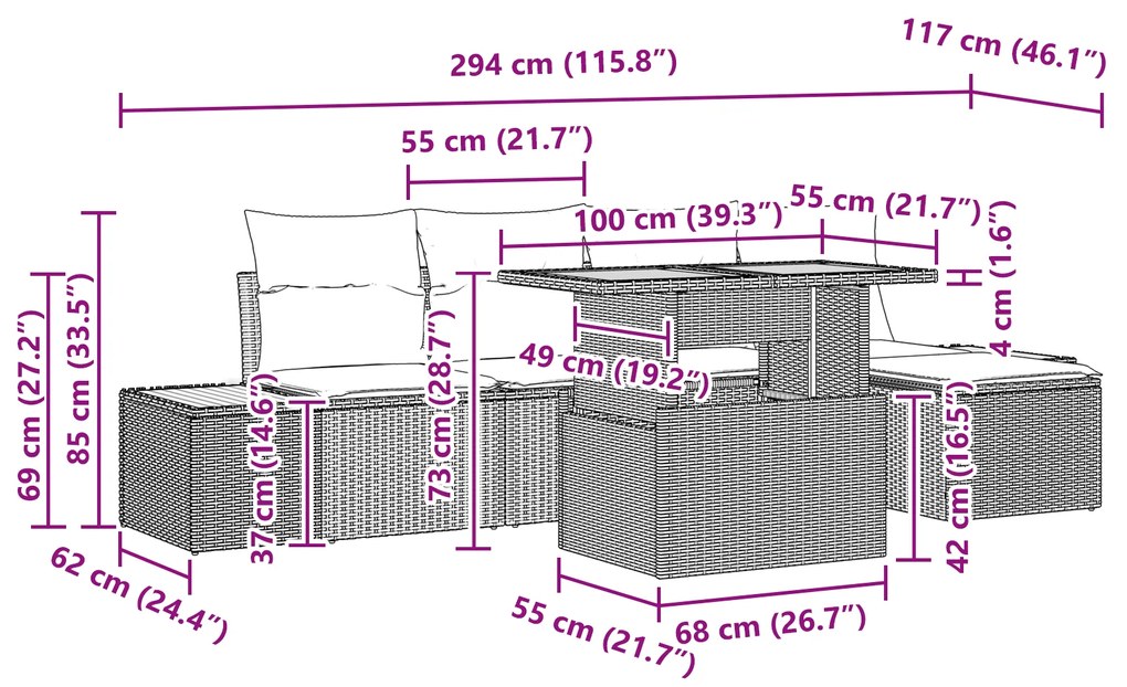Conjunto de Jantar Jardim de 6 Peças com Almofadas em Rattan Preto e A