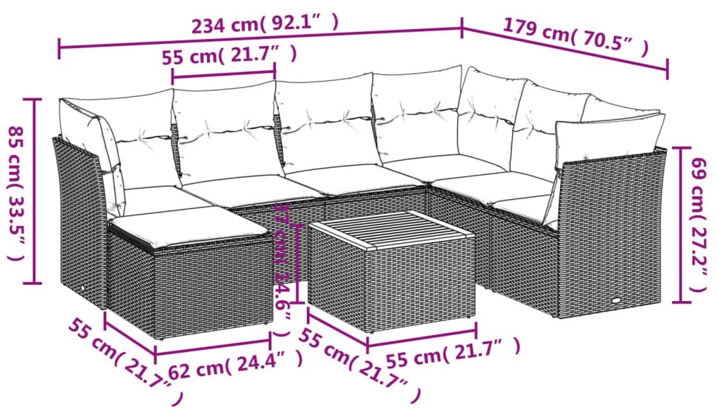 8 pcs conj. sofás jardim c/ almofadões vime PE bege misturado