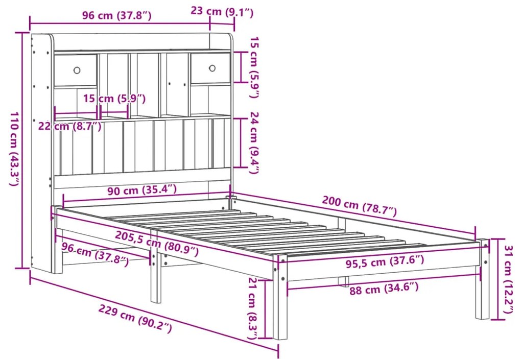 Cama com estante sem colchão 90x200cm pinho maciço castanho-mel