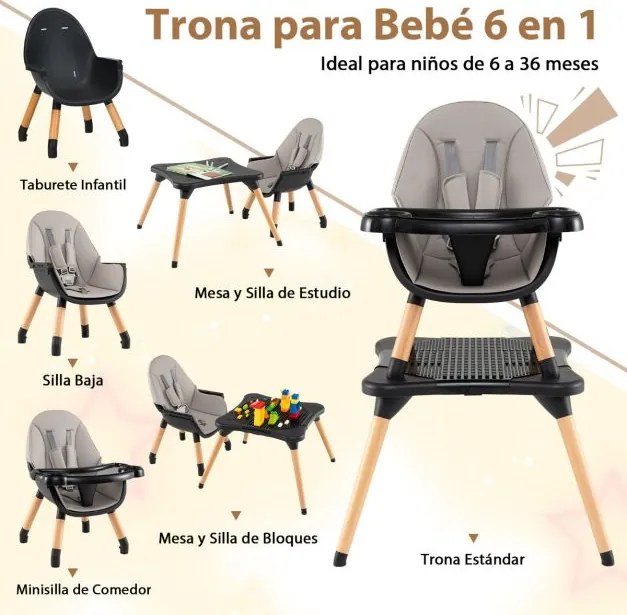 Cadeira refeição alta para bebés e crianças pequenas, conversível 6 em 1 tabuleiro removível cinza e preto