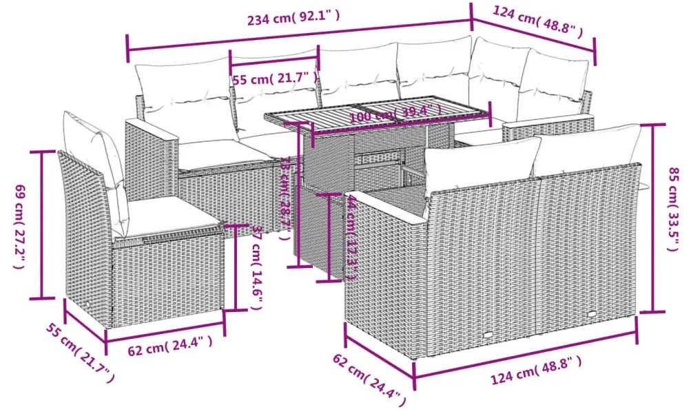 9 pcs conjunto sofás p/ jardim com almofadões vime PE cinzento