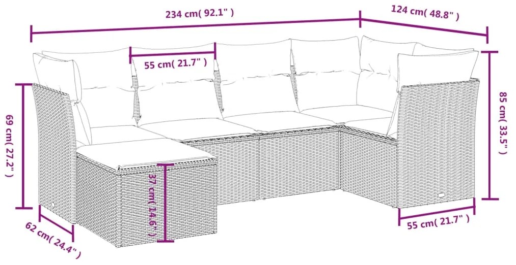 6 pcs conjunto sofás de jardim c/ almofadões vime PE preto
