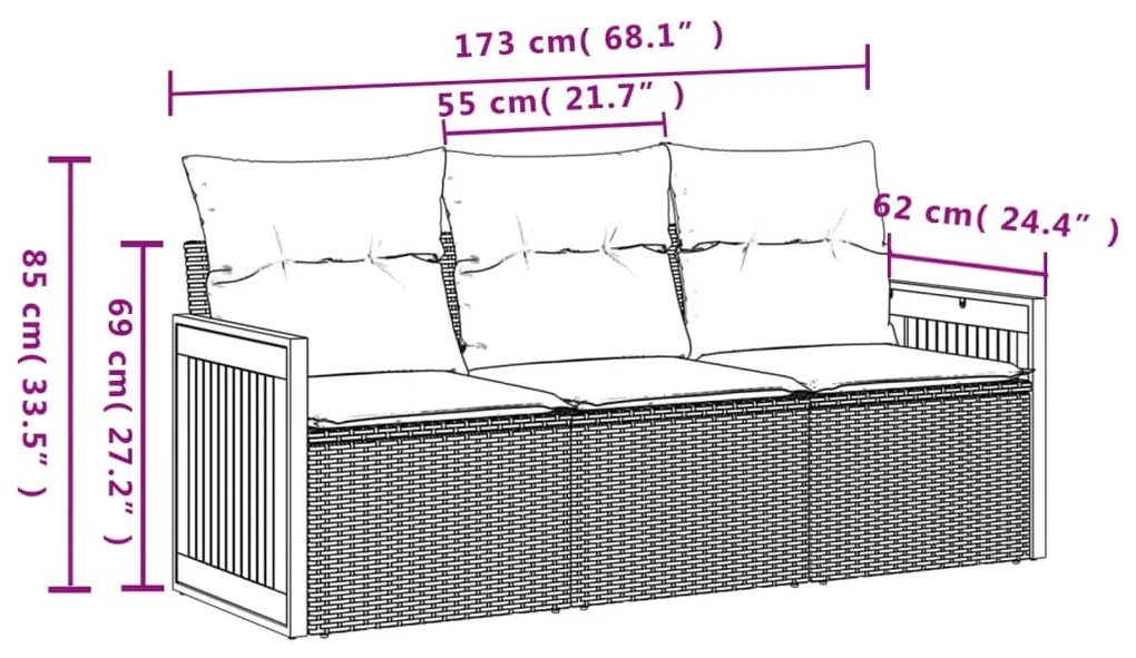 3 pcs conjunto sofás de jardim com almofadões vime PE preto