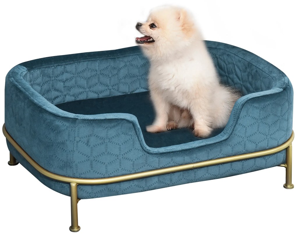 PawHut Sofá para Animais de Estimação em Veludo Cama para Cães e Gatos Pequenos com Almofada Suave Lavável Base de Metal e Bordas Elevadas 63,5x43x24,5cm Azul