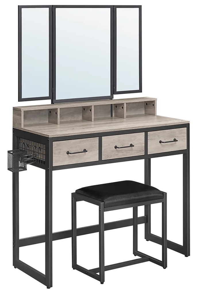 Penteadeira VASAGLE RVT004B02 com banqueta acolchoada, espelho triplo, 3 gavetas, suporte para secador de cabelo, vaso, estilo industrial, cinza e preto