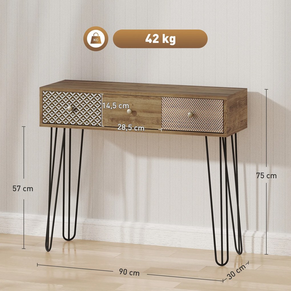 Mesa Consola com 3 Gavetas Consola Estreita para Entrada com Pés de Aço 90x30x75 cm Madeira