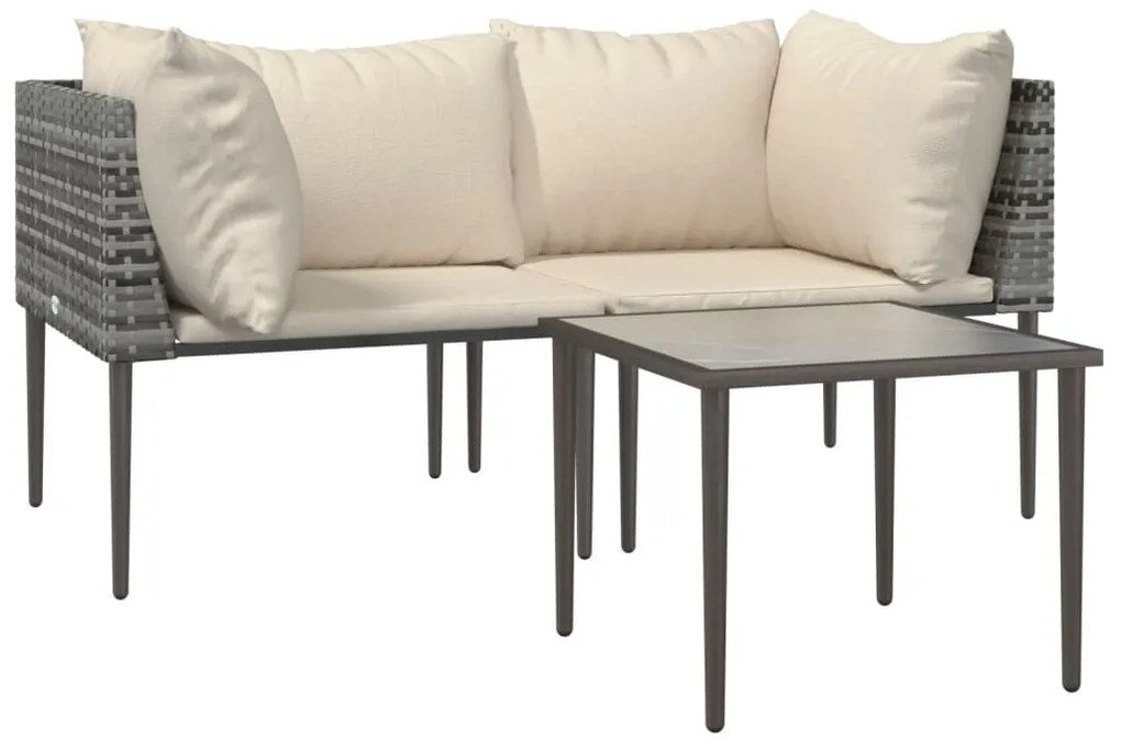 3 pcs conjunto lounge de jardim c/ almofadões vime PE cinzento