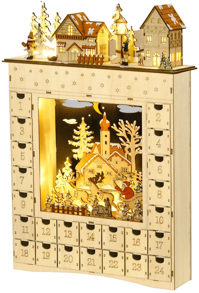 HOMCOM Calendário de Advento com Iluminação LED e 24 Gavetas de Contagem Regressiva Madeira Decoração de Natal 36x9x52 cm Madeira