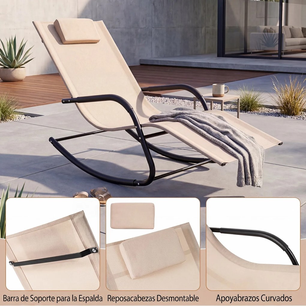 Cadeira de baloiço para exterior, respirável, com braços curvos e encosto de cabeça amovível, para varanda, jardim ou terraço, bege