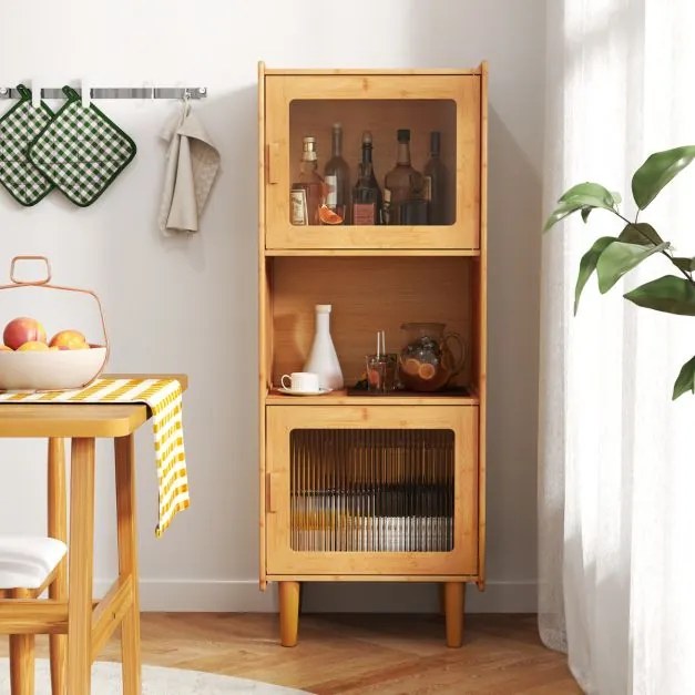 Estante de cozinha em bambu 49,5 x 40 x 130 cm com 3 cubos e compartimento aberto 2 portas em acrílico natural