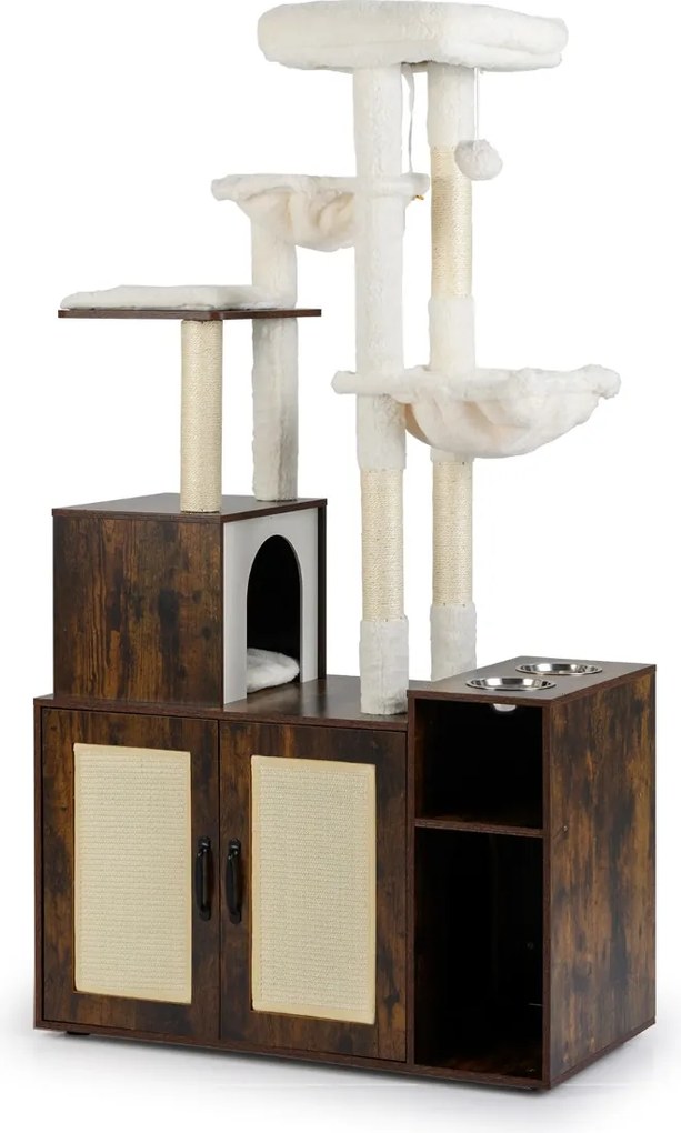 Arranhador para gatos 2 em 1 com movel para caixa de areia (CAIXA AREIA NÃO INCLUIDA) 87 x 45 x 161 cm, e estação de alimentação Café