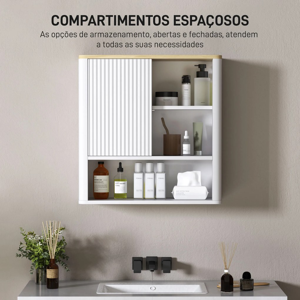 Armário de Parede para Casa de Banho com Porta Deslizante 5 Compartimentos e Prateleiras Ajustáveis 60x20x62 cm Branco