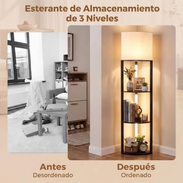 Candeeiro de pé moderno com prateleiras de 3 níveis Luzes LED reguláveis Abajur de linho Interruptor de pé para sala de estar ou quarto Preto