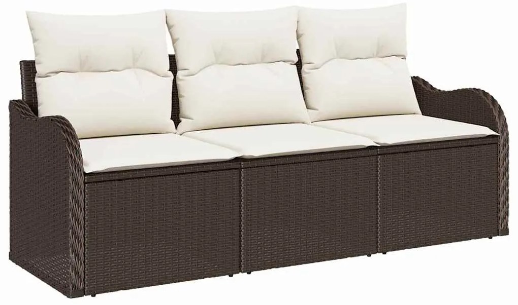 Conjunto de Sofá de Jardim de 3 Peças com Almofadas Marrom Poliratan