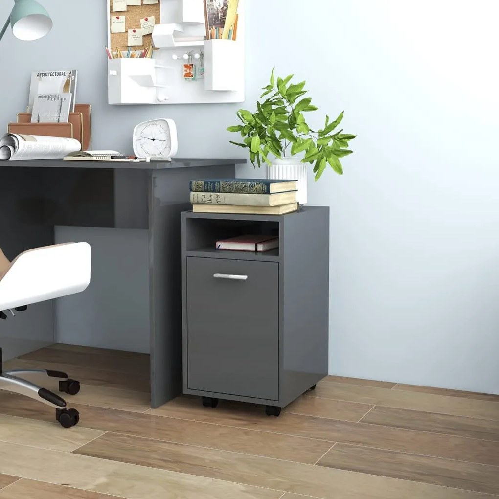 vidaXL Móvel de apoio com rodas 33x38x60 cm contrapl. cinza brilhante