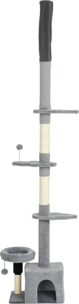 Arranhador para gatos do chão ao teto, torre para gatos com altura ajustável entre 225 e 255 cm e vários níveis, revestimento em pelúcia, cinzenta