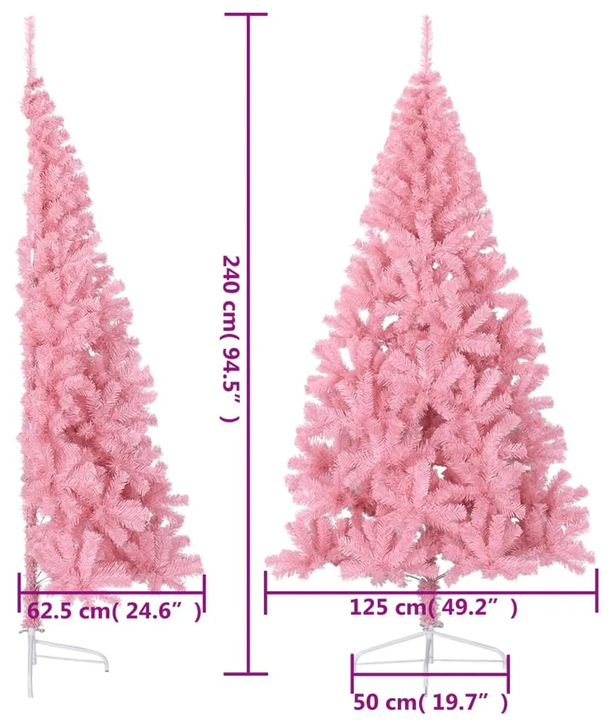 Meia árvore de Natal artificial com suporte 240 cm PVC rosa