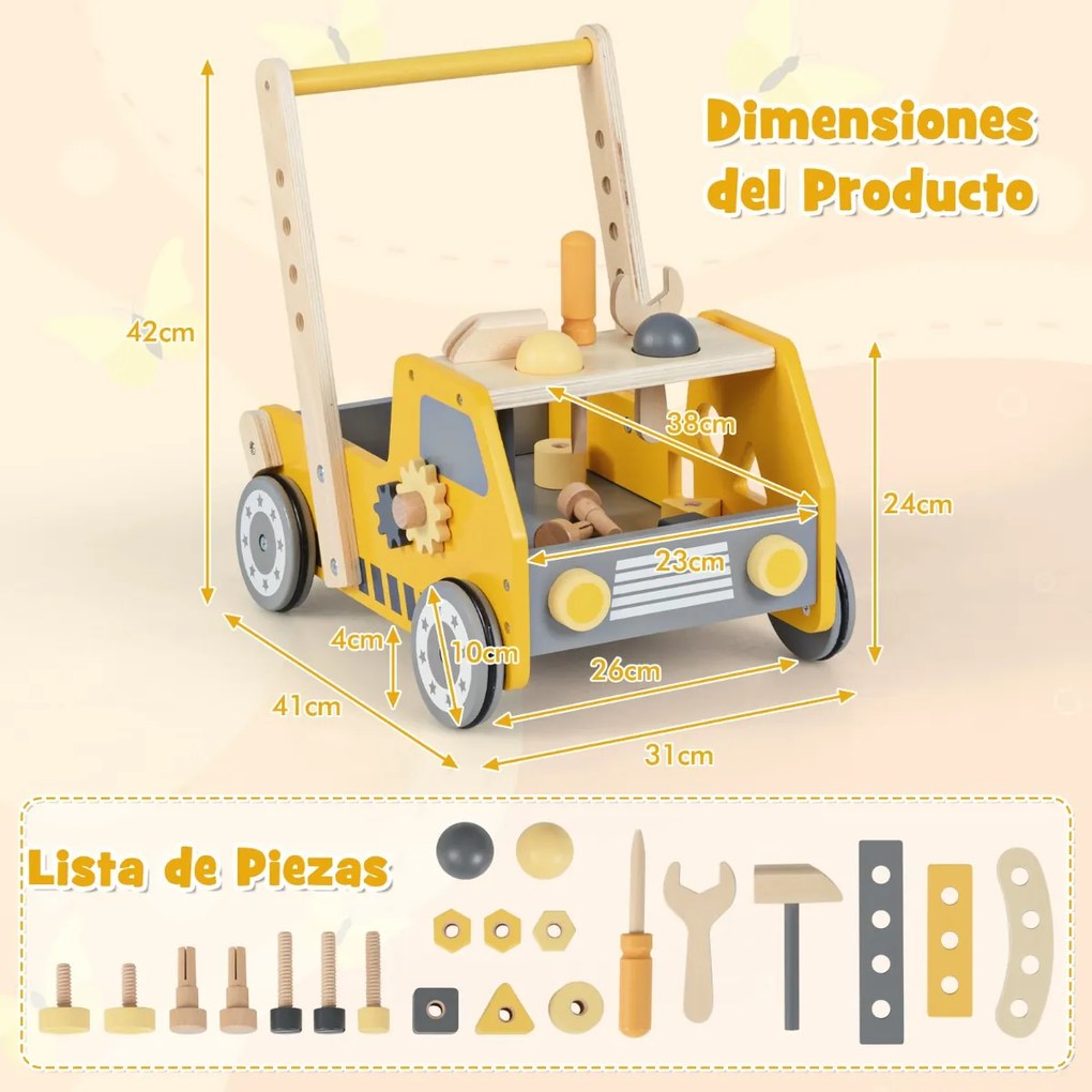 Andador de empurrar em madeira 2 em 1 para bebés e crianças com velocidade ajustável e armazenamento Brinquedos Montessori Amarelo