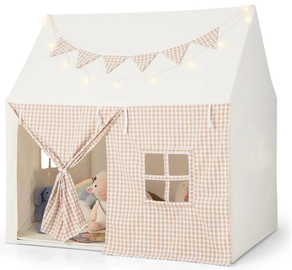 Tenda de Crianças com Tapete Acolchoado 125 x 100 x 127 cm, Luzes de Estrelas e Bandeirinhas Quadradas, Janelas e Portas Enroláveis para Crianças de 3