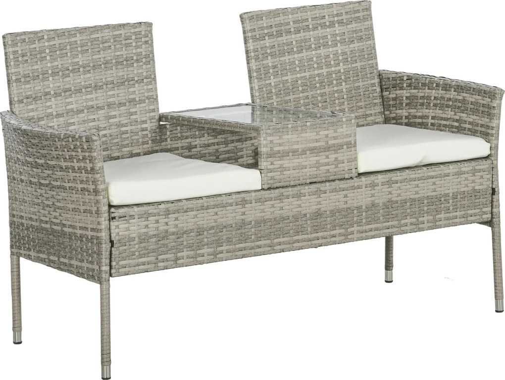 Outsunny Banco de Jardim em resina trançada 2 lugares com Mesa e Almofadas - 135 x 64 x 81 cm - para Varanda e Terraço Preto | Aosom Portugal