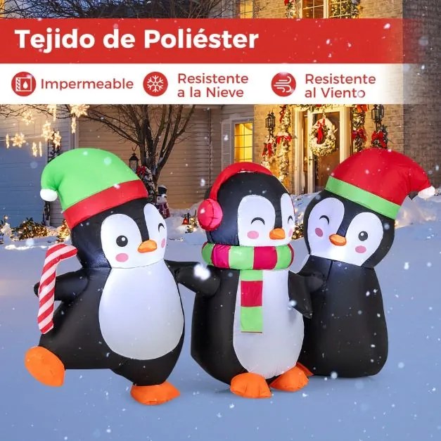 Conjunto de 3 pinguins insufláveis de Natal com iluminação LED Ventilador para pátio, relva, jardim 170 x 56 x 98 cm Multicolor