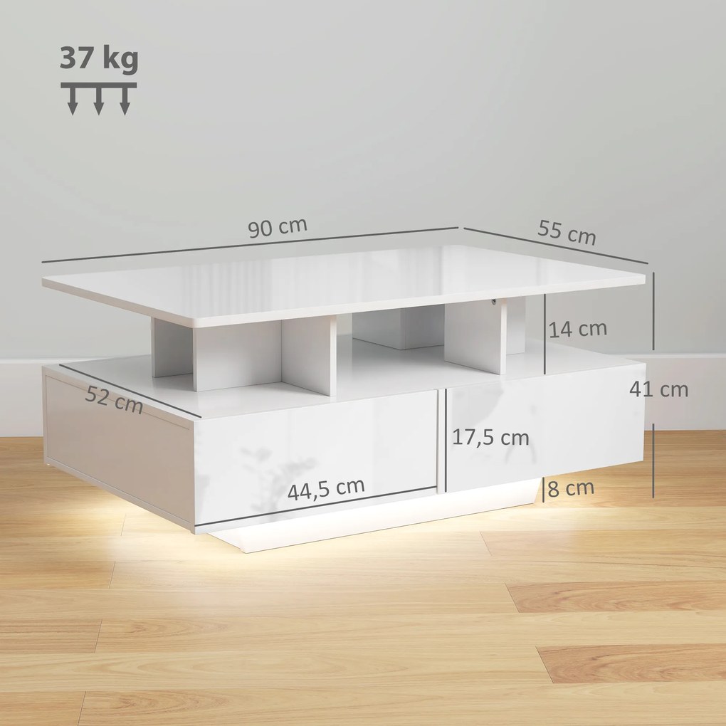 Mesa de Centro Moderna com LED 4 Gavetas Prateleira Aberta e Luzes LED de 16 Cores 90x55x41 cm Branco Brilhante