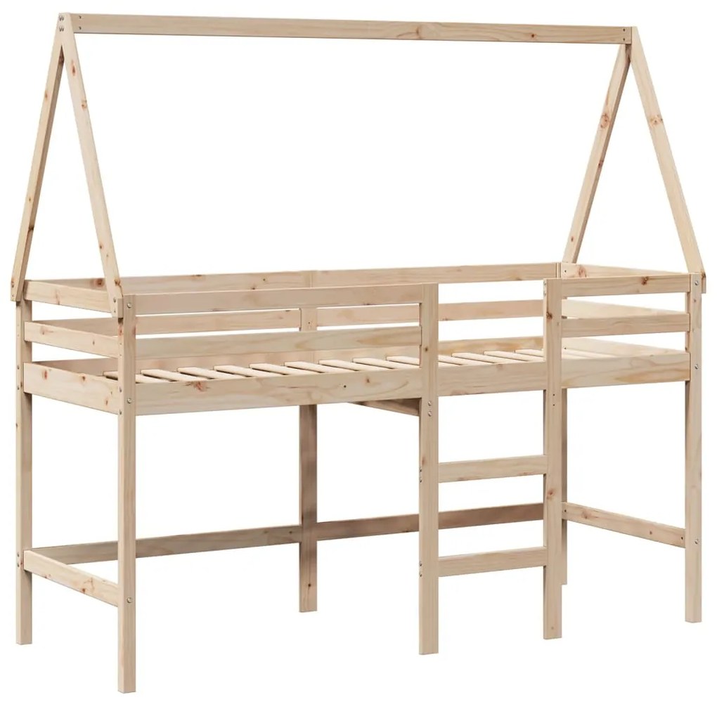 Cama alta c/ escada e telhado 90x190 cm pinho maciço