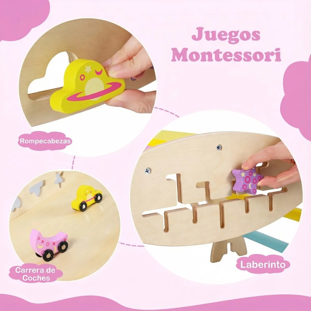 Triângulo para crianças Unicórnio Ginásio de Interior com Arco, Rampa e Escada Dobrável em Madeira Montessori para Quarto de Crianças e Creche - Rosa