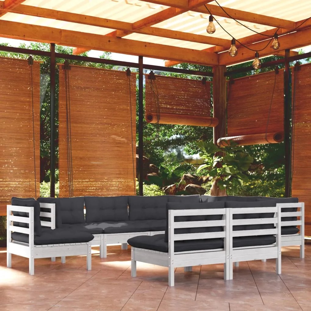 vidaXL 9 pcs conj. lounge de jardim c/ almofadões pinho maciço branco
